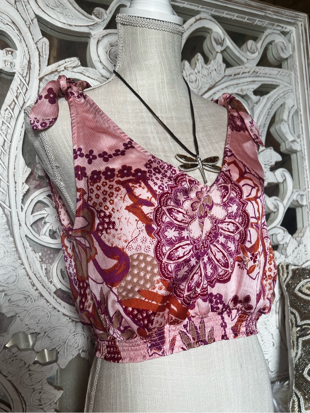 Free People Pink & Purple Floral Tie-Shoulder Crop Top